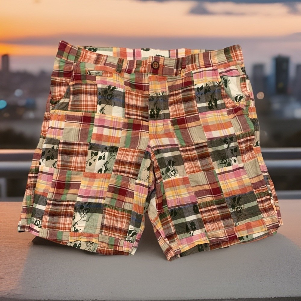 Charleston Threads Patchwork Madras Plaid Shorts Mens 36 Multi Color Cotton